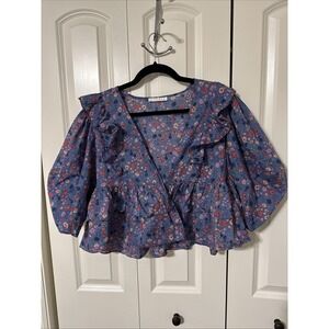 Karlie Blue Floral V Neck Crop Top Size Medium Hippie Boho 3/4 Sleeve
